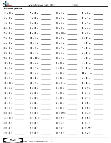 Math Drills Worksheets - 11s (horizontal) worksheet
